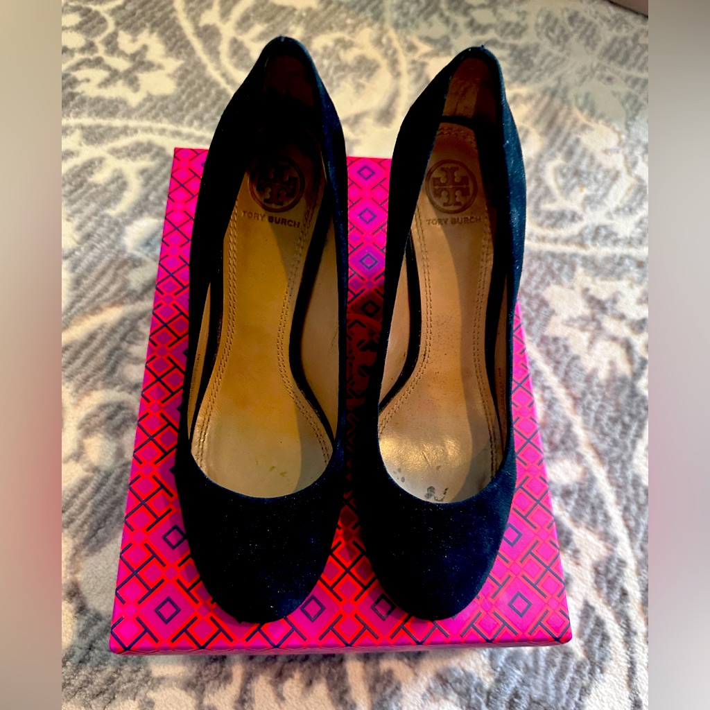 Tory Burch Black Suede Wedge With Gorgeous Gold Heel Detail.
